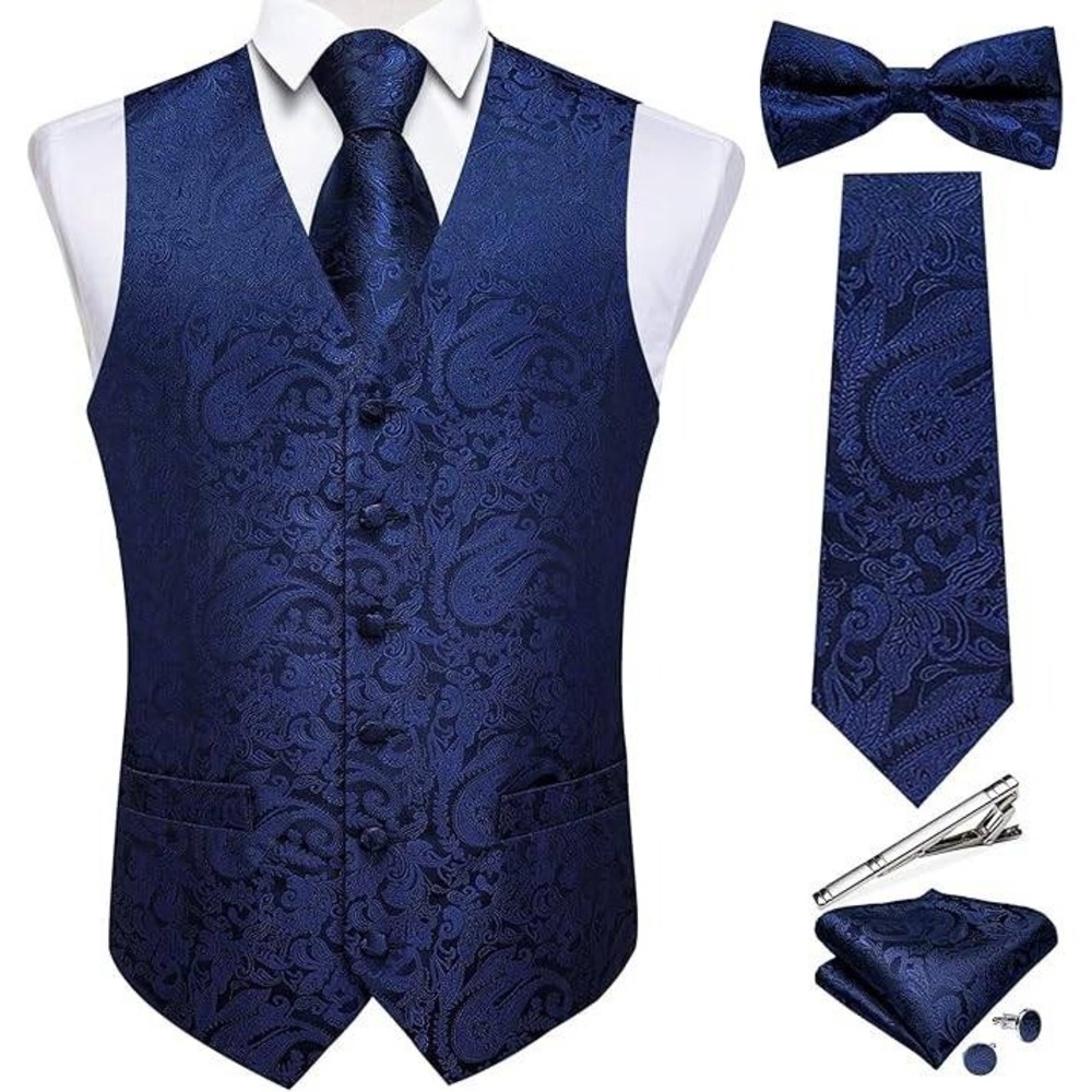DiBanGu Paisley Vest Set Mens L Blue Silk 6PC Tie Bowtie Pocket Square Formal
